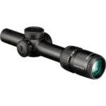 Black riflescope with multiple adjustment knobs and a large objective lens on a white background.