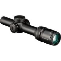 Black riflescope with multiple adjustment knobs and a large objective lens on a white background.