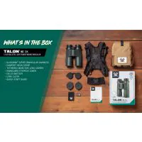 Top‑down shot of a tactical gear kit on a wooden table, featuring a green 'What’s in the Box' panel and items like a protective vest and accessories.