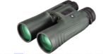 Olive-green binoculars with green lenses shown from a front-side angle, focusing on the eyepieces and textured body.