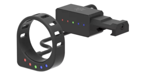 Black circular wearable ring with multicolor LED dots around its base, connected to a small rectangular electronic unit with a protruding latch.