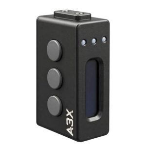 Black rectangular vape mod with three round gray buttons on the left, a vertical screen on the right, and the A3X logo at the bottom.